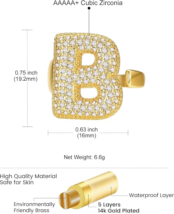 KeyStyle Bold Initial Letter Rings Adjustable, GoldChic Jewelry Women Gold Statement Ring Personalized Engraved Women’s Open Signet Ring for Party (Gold, White Gold, Black)