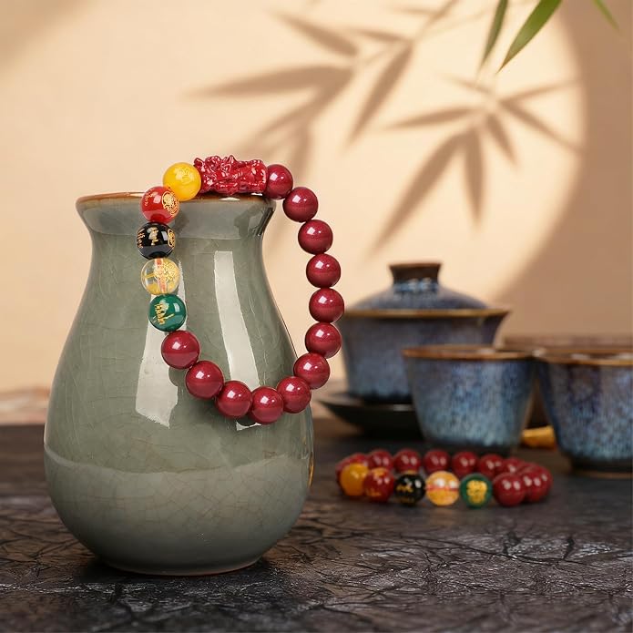 Five Roads Wealth God Cinnabar Pixiu Bracelet - Feng Shui Red String Bracelet for Good Luck & Money Attraction, Fortune Blessing for Men & Women, Adjustable Lucky Charm Bracelet (Classic & Cinnabar Options, 8/10/12mm)