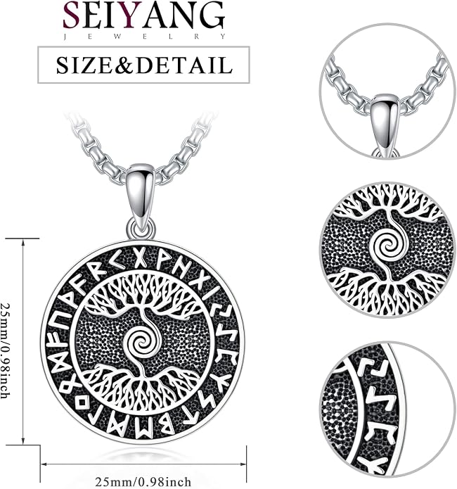 Seiyang Sterling Silver Viking Necklace Norse Jewelry Gift for Men Women with 2mm 22+2 IN Rolo Chain (with Gift Box)