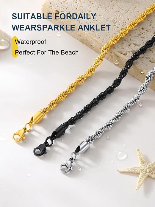 ChainsPro Resizable Anklet Chain for Women Men, Figaro/Wheat/Twist Rope/Cuban Foot Bracelet-Strong with Good Clasp-18K Gold Plated(Send Gift Box)