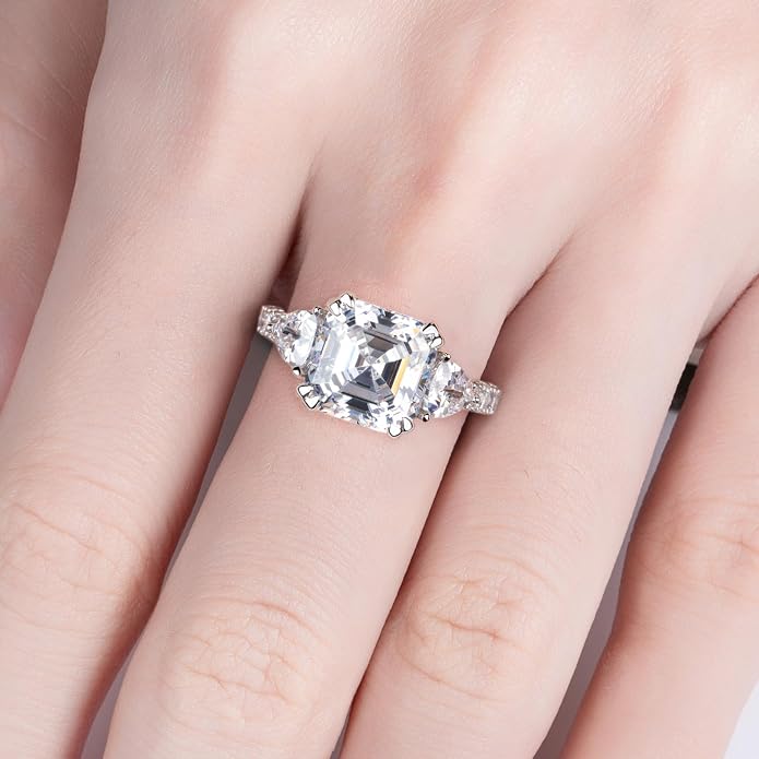 3ct-7ct Cubic Zirconia 3 Stones Engagement Rings 5A Grade Simulated Diamond Cushion Cut/Emerald Cut/Asscher Cut/Heart Cut CZ Anniversary Promise Wedding Rings for Women