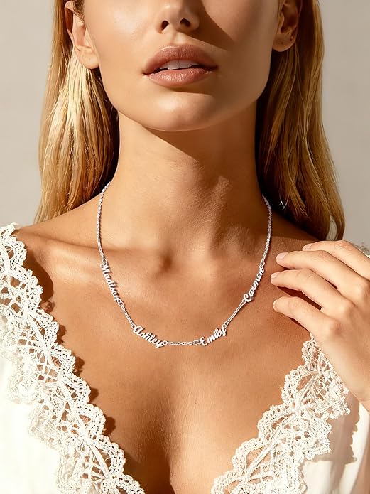 Custom4U Custom Name Necklace for Women, Personalized 1-5 Name Necklace, Sterling Silver/Stainless Steel 14K Gold Plated Nameplate Necklaces, Gift for Mom Wife Anniversary Birthday with Box