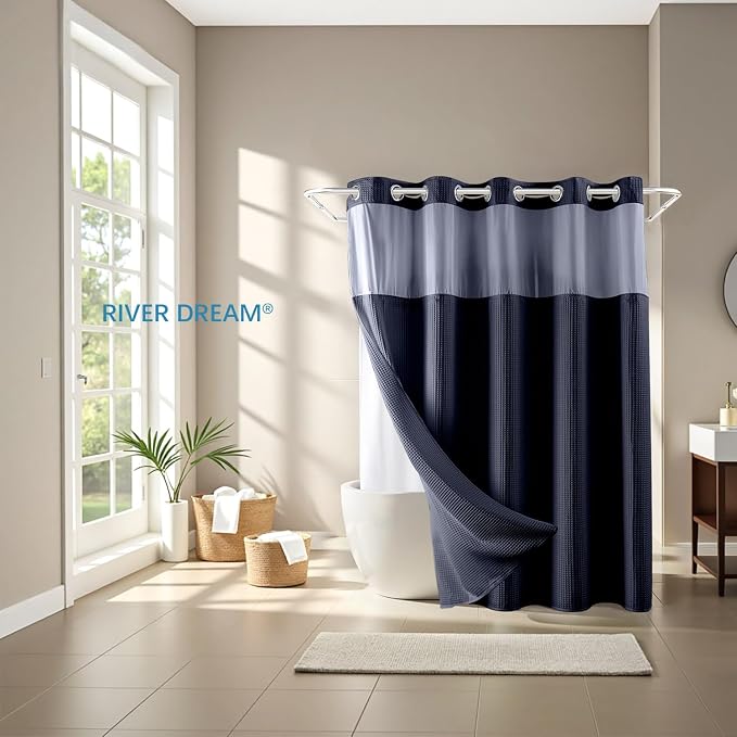 River Dream Cotton Blend Fabric Shower Curtain Set with Liner, Navy, 71x74 | Waffle Weave, No Hook Needed, with Snap in Replacement Liner, Top Sheer Window, Hotel Quality Fabric for Bathroom