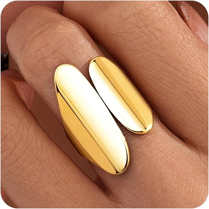 Gelbesty Waterproof Gold Statement Rings for Women, 14K Gold Plated Chunky Open Stackable Rings Non Tarnish Fashion Adjustable Stainless Steel Pinky Knuckle Signet Vintage Ring Jewelry Size 5-11