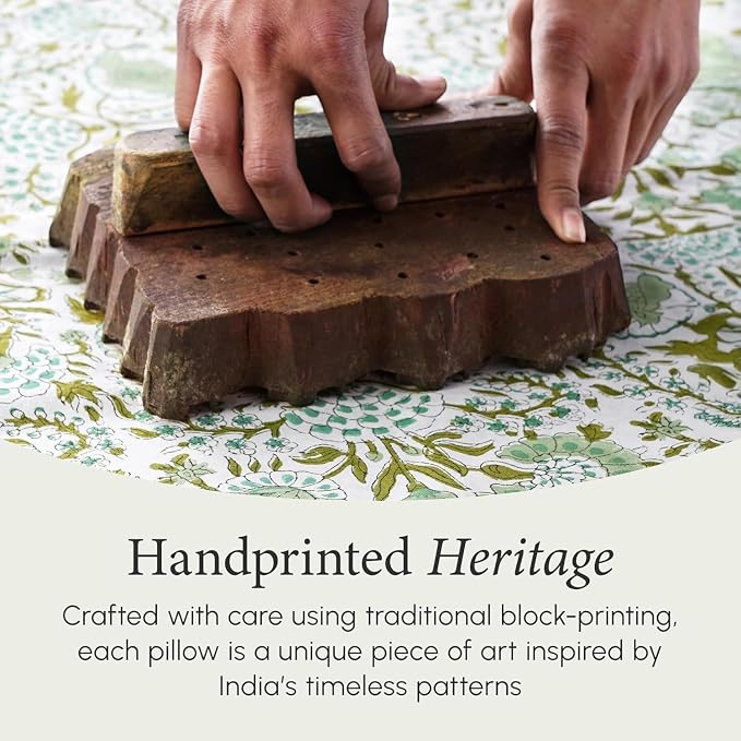 CPC 100% Cotton Throw Pillow Covers 16x16 Inch, Set of 2 Pink Block Print Pattern Couch Pillow, Cute Boho Decorative Pillows for Living Room, Bedroom with Hidden Zipper- Agate Green