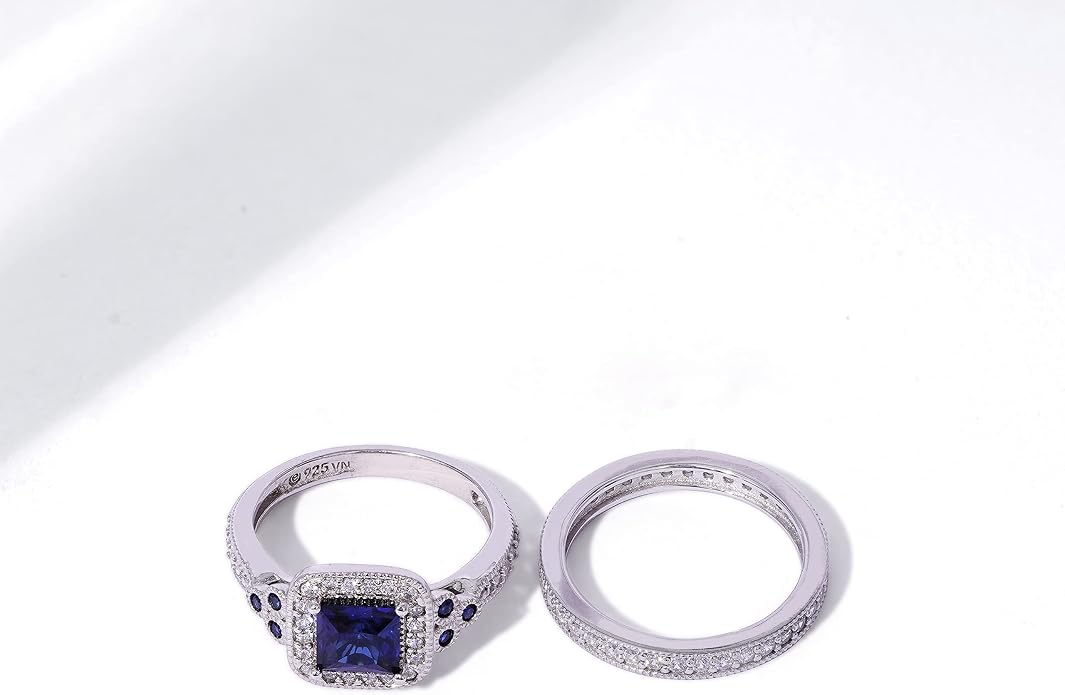 Amazon Essentials Platinum or Gold Plated Sterling Silver Antique Ring set with Asscher-Cut Infinite Elements Cubic Zirconia