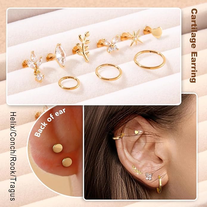 G23 Titanium 10Pcs 16G/18G Stud Earrings Flat Back Tragus Cartilage Earrings Rings Hoops CZ Butterfly Flower Leafage Heart Stud Labret Conch Helix Piercing Jewelry Set