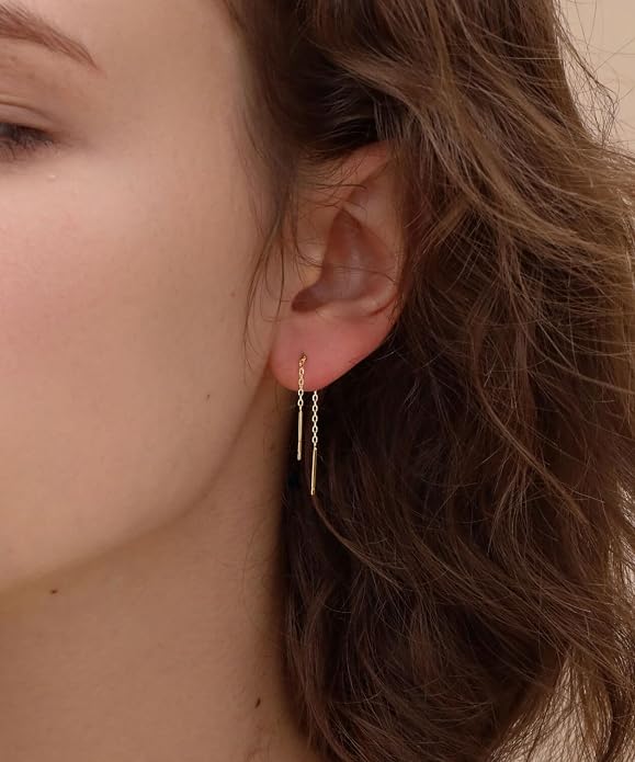 S.Leaf S925 Sterling Silver Threader Chain Earrings 18K Gold Plated Cubic Zirconia Dainty Dangle Double Piercing Long Drop Dangly Pull Through Tassel Chain Earrings Gifts for Women