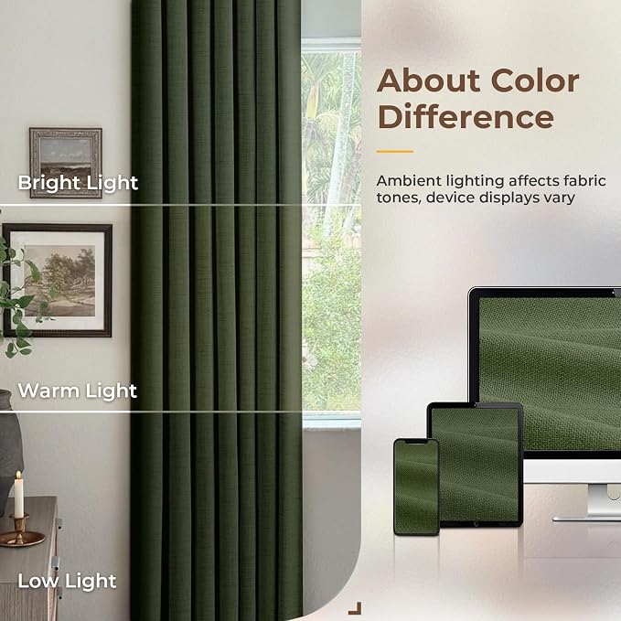 INOVADAY 100% Blackout Curtains for Bedroom, Olive Green Black Out Curtains 80 Inch Long, Clip Rings Linen Blackout Drapes, Thermal Insulated Room Darkening for Living Room, 2 Panels - W50xL80