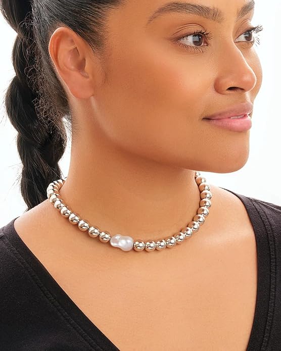 Natural Freshwater Baroque Pearl Necklace 14K Gold Plated Dainty Choker Necklace for Women Girls Snake Chain/Cuban Link/Paperclip/Ball Beaded Chain/Tennis Chain Fashion Jewelry for Gift