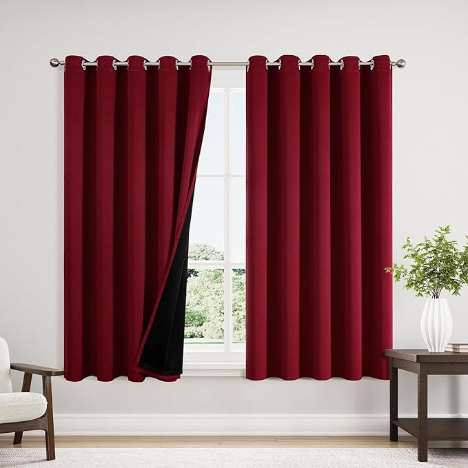 ChrisDowa 100% Blackout Curtains for Bedroom 63 Inches Long 2 Panels Set | 2 Thick Layers, Thermal Insulated, Light Blocking, Grommet, Window Treatment, Living Room Drapes, Burgundy, 60 x 63 Inch