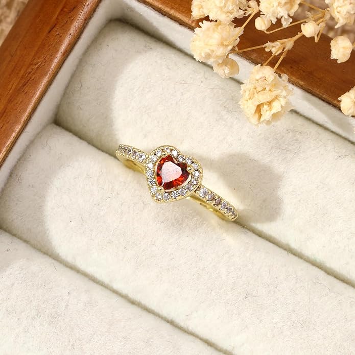 Gold Birthstone Rings for Women Non Tarnish 14k Gold Plated Dainty Heart Rings Adjustable Size Cubic Zirconia Ring Gold Simulated Gemstone Rings Birthday Gifts for Women