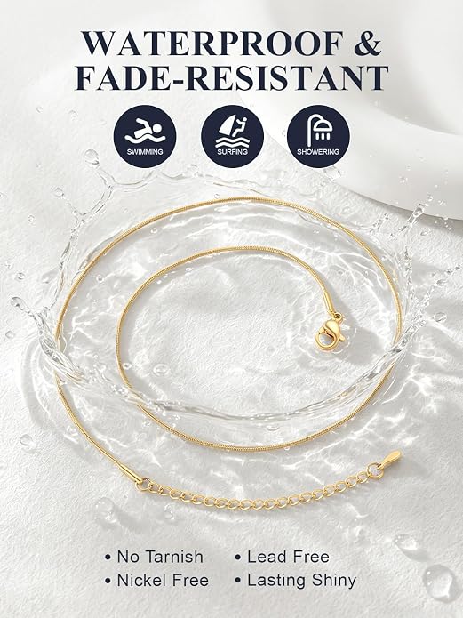 U7 Snake Necklace for Women 14K Gold Plated/Silver/Rose Gold/Black Chain Necklace Hypoallergenic, Stainless Steel Tiny Snake Chain Necklace 1/1.2/1.5/2MM, 14-30" Adjustable Minimalist Gift