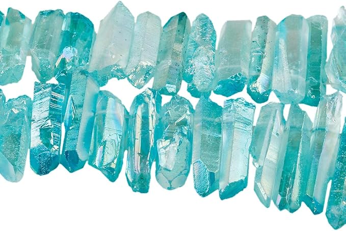 TUMBEELLUWA Rock Quartz Crystal Points Loose Beads for Jewelry Making, Titanium Coated Polished/Raw Quartz Beads 15 Inches Top Drilled,Turquoise Crystal Points(0.5"-1.6")
