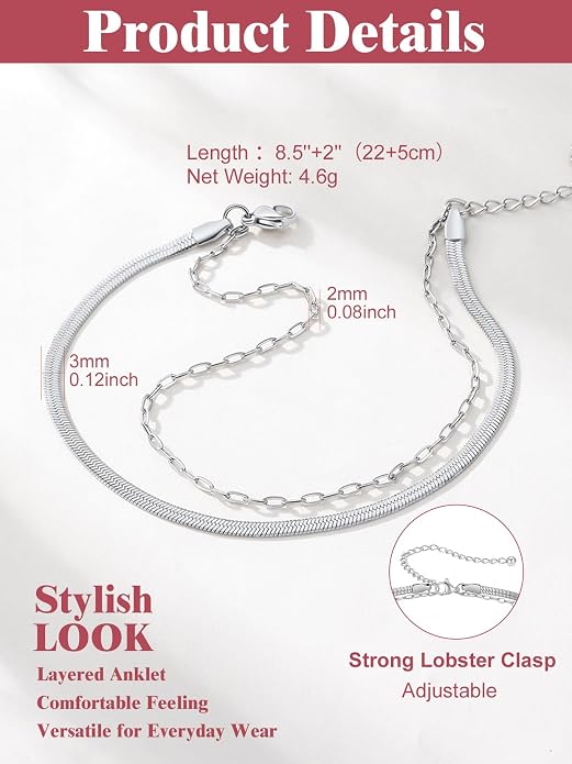 FOCALOOK 14K Gold Plated Anklets for Women Waterproof Plus Size Ankle Bracelet 8.5-10.5 Inch Adjustable Mariner/Figaro/Flat Snake/Cuban Link Chain Anklet Jewelry for Summer Beach Holiday