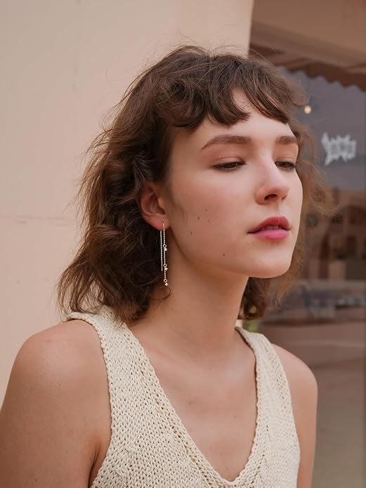 S.Leaf S925 Sterling Silver Threader Chain Earrings 18K Gold Plated Cubic Zirconia Dainty Dangle Double Piercing Long Drop Dangly Pull Through Tassel Chain Earrings Gifts for Women