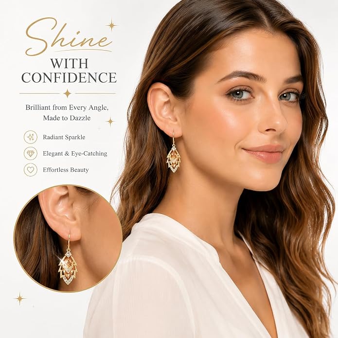 14K Gold Plated Dangle Drop Earrings, Hypoallergenic Cubic Zirconia Crystal Teardrop Leaf & Feather Earrings, Vintage Long Linear Threader Chandelier Statement Jewelry for Women Wedding Party Gifts