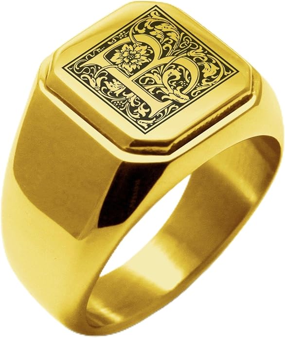 Jewelry | Stainless Steel Letter Alphabet Initial Ring | Square Flat Top Ring for Men & Women | Stainless Steel Jewelry, (Black, Gold, Silver), Size 7-16