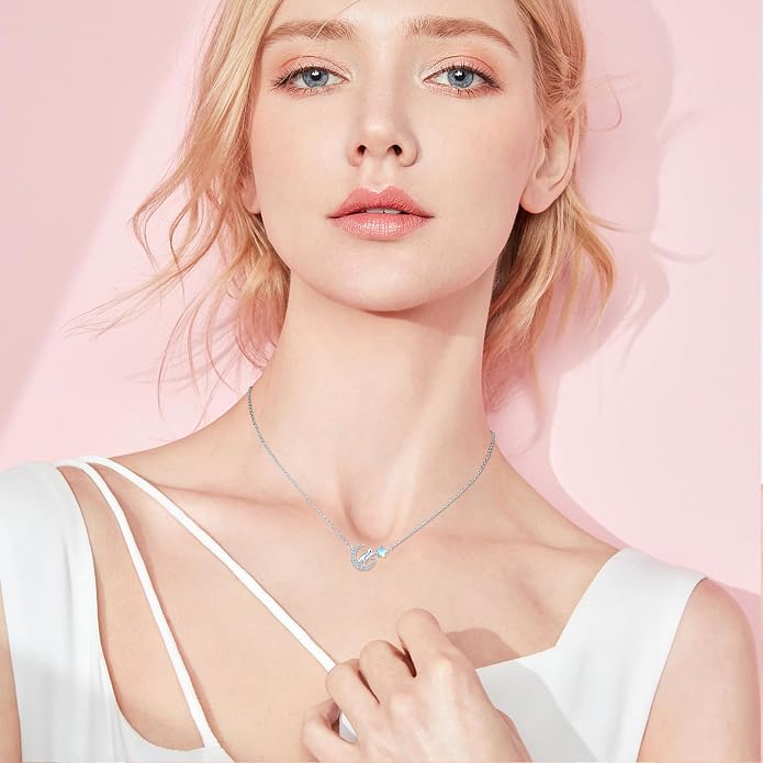 TRISHULA Crescent Moon Necklace 925 Sterling Silver Eye of Horus Animal Moon Pendant with Heart Crystal Birthday Jewelry Gift for Women Christmas Gifts for Her