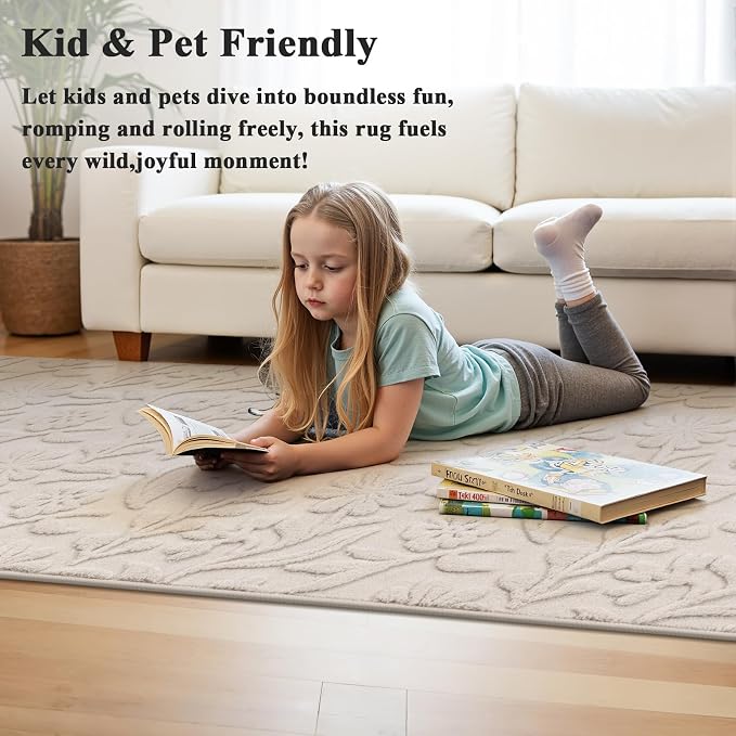 Vaukki 2x8 Runner Rug for Living Room, Soft Fluffy Washable Modern Floral Indoor Floor Mat, Non Slip Shaggy Boho Accent Throw Carpet for Bedroom, Living Room, Nursery and Dining Room, Beige