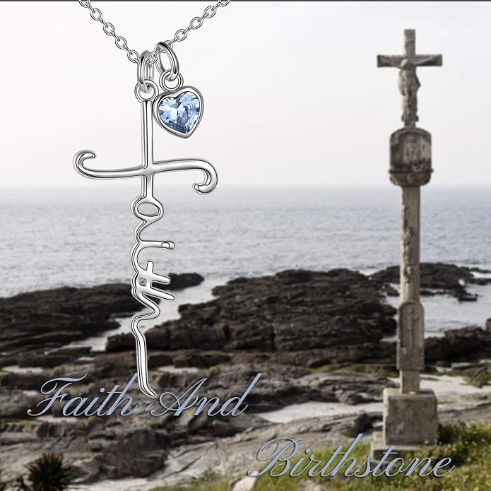 Faith Cross Necklace For Women Birthstone Sterling Silver with Simulated Birthstone Cross Jewelry Christian Gifts