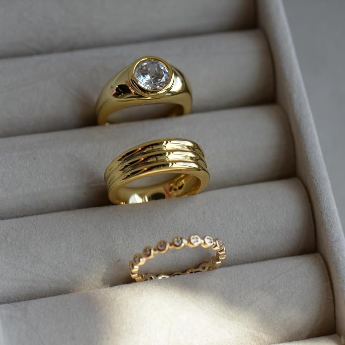 Women's Wide Band Round-Cut 2 Carat CZ Ring | Large Gold Chunky Bezel Halo Statement Ring