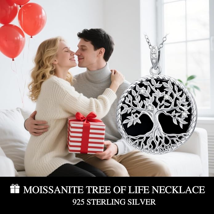 Tree of Life Moissanite Necklace, 925 Sterling Silver 0.5 Carat Moissanite Abalone Shell/Opal/Black Onyx/Turquoise/Malachite/Tiger Eye Stone Tree of Life Pendant Necklaces Jewelry Gift for Women Mom