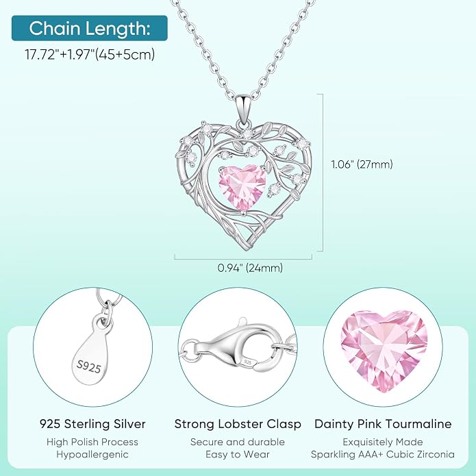 Tree of Life Birthstone Pendant Necklace - 925 Sterling Silver Heart Cubic Zirconia Diamond Women Pendant Necklaces for Her Daughter Girlfriend Birthday Gift Ideas for Wife Mom for Valentines Day