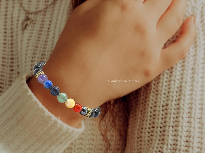 Amazing Gemstone Chakra Black Obsidian Bracelet, Gifts for Men & Women - Protection Healing Crystal Bracelet - 8mm Gemstone Beaded Adjustable Bracelet, Pulseras para Hombres Mujer Stocking Stuffers