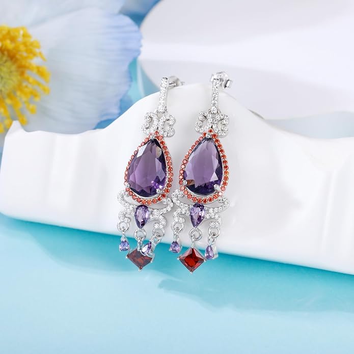 925 Sterling Silver Colorful Chandelier Teardrop Dangle Earrings Statement Flower Stud Earrings for Women Party Prom