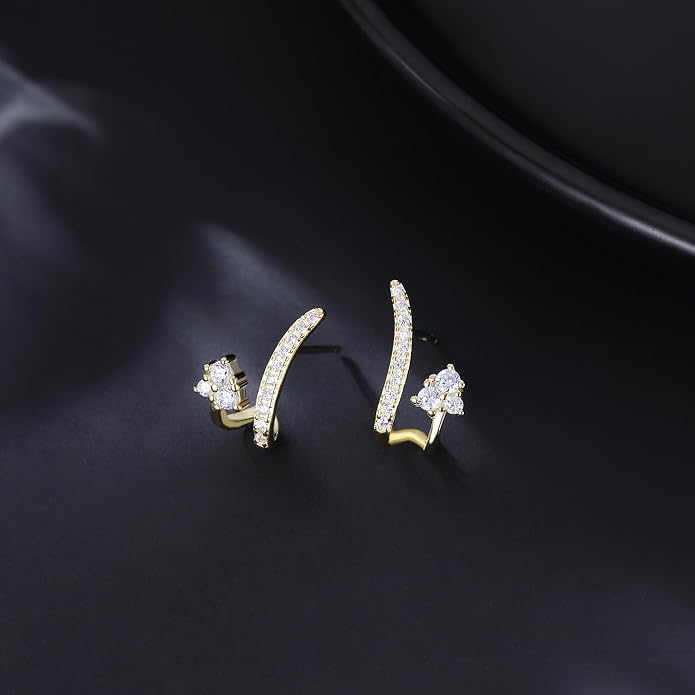 Reffeer Solid 925 Sterling Silver CZ Crawler Earrings Cuff for Women Teens CZ Wrap Stud Earrings Hypoallergenic