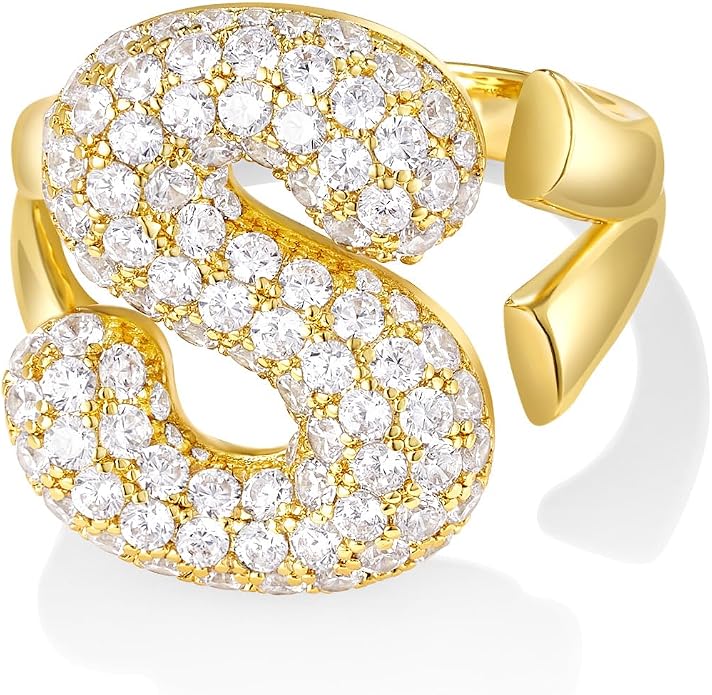 KissYan Bubble Initial Ring for Women, 14K Gold Plate Balloon Jumbo Letter Rings Open Adjustable Dainty Pave CZ Personalized Fashion Jewelry Gift for Mother's Day