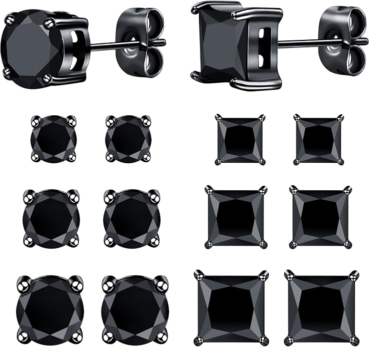 MDFUN 6 Pairs Stud Earrings Set 3mm/5mm/7mm Princess & Round Cubic Zirconia Earrings Hypoallergenic 316L Surgical Stainless Steel CZ Earrings for Women Men