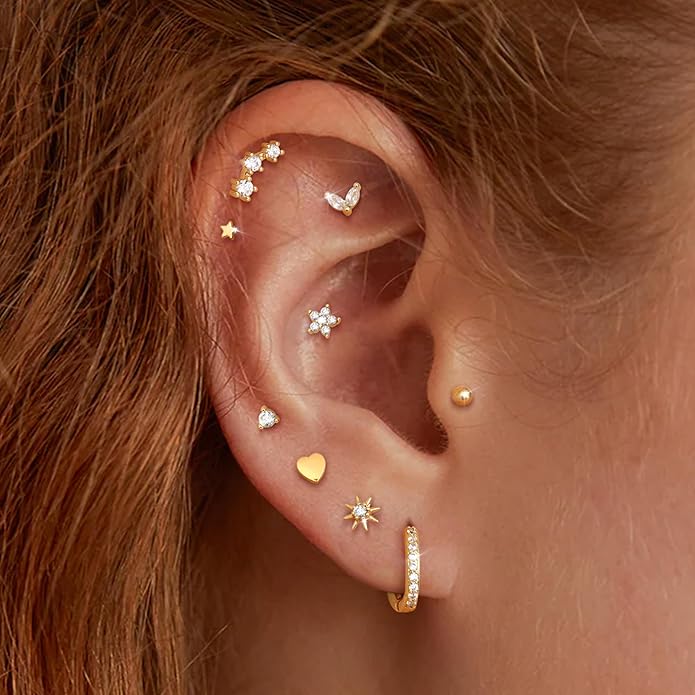 KRFY 25Pcs/17 Pairs Hypoallergenic Surgical Steel Earrings for Sensitive Ears 14K Gold Plated Flat Back Cartilage Earrings for Women Men Screw Back Flatback Stud Hoop Earring Set for Multiple Piercing