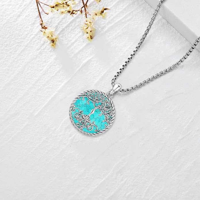Tree of Life Necklace for Women Sterling Silver Celtic Moon Tree Moonstone Turquoise Pendant Heart Family Tree Necklace for Mother Daughter Sister Gifts