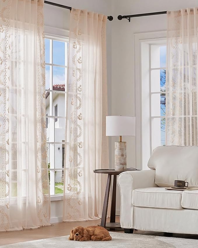 jinchan Belrose Linen Sheer Curtains for Living Room 96 Inch Length Sheer Voile Embroidered Floral Curtains for Bedroom Light Filtering Rod Pocket Window Treatments Farmhouse Decor 2 Panels Beige