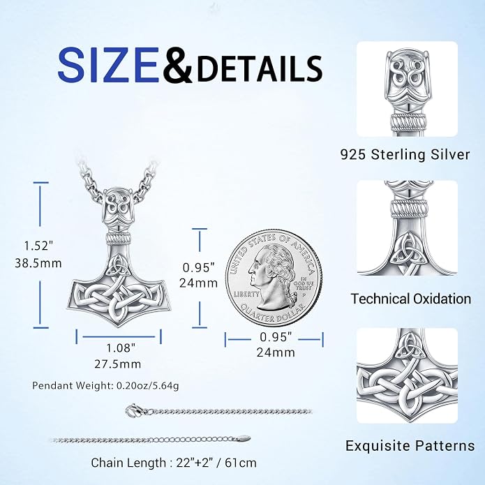 Thor Hammer Necklace for Women Men, S925 Sterling Silver Viking Mjolnir Necklace Pendant with Corlorful Opal Norse Runes Amulet Jewelry Gift