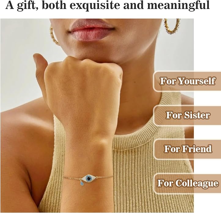 Evil Eye Bracelets for Women Gold Plated Dainty Chain Zirconia Turquoise Charm Adjustable Protective Lucky Link Bracelet Jewelry for Best Friends Sister Travel Birthday Just Because Gift