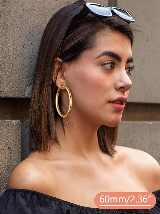FaithHeart Chunky Hoop Earrings for Women, Silver/Black/14K Gold Plated Stainless Steel Earrings 5mm Thick Hollow Tube Hoops Hypoallergenic Lightweight Earring 20/30/40/50/60/70/80mm