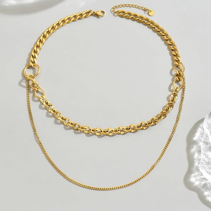 18K Gold Plated Layered Herringbone Necklaces for Women Dainty Layering Beaded Snake Chain Choker Moon Coin Pendant Necklace Trendy Stainless Steel Jewelry