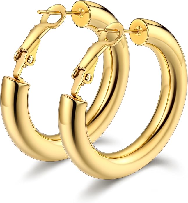 Bestyle 5mm Thick Gold Hoop Earrings Hypoallergenic Hoops for Sensitive Ears Trendy Lightweight Chunky Earrings for Women 30/40/60/80mm
