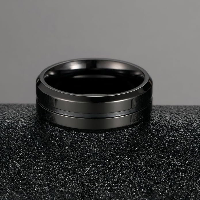MMTTAO Men's Titanium Ring Wedding Bands for Men Women 6MM 8MM 10MM Black/Blue/Silver Engagement Band Wedding Rings Beveled Edge Brushed Matte Finished & Polished Grooved Center Comfort Fit Size 6-13