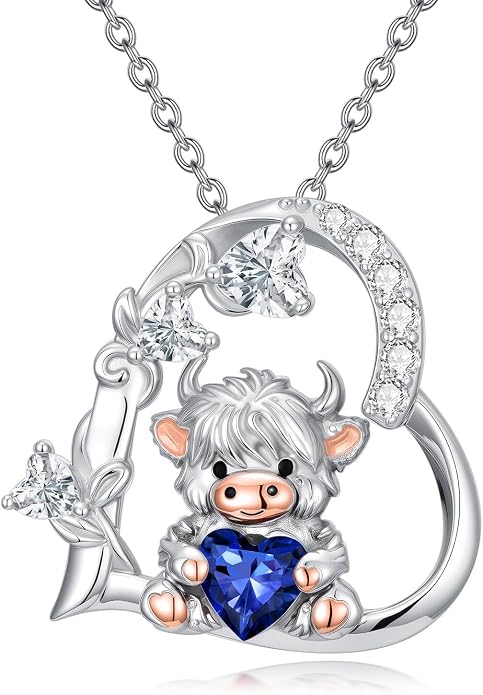 PELOVNY Teddy Bear Necklace for Women 925 Sterling Silver Bear/Highland Cow/Fox/Cat/Axolotl Birthstone Necklace Christmas Birthday Jewelry Gifts for Mom Daughter Wife Sister
