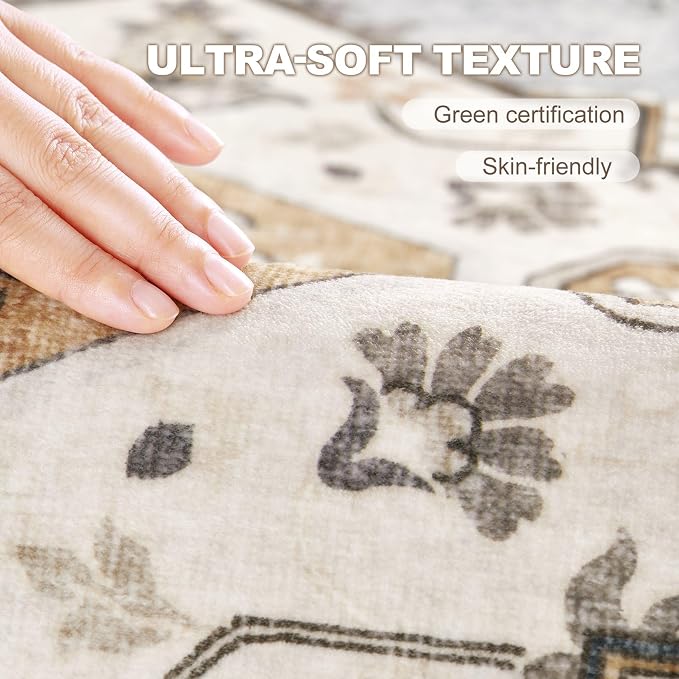 9x12 Washable Area Rug: Vintage Neutral Soft Non Slip Thin Large Floor Carpet for Living Room Bedroom Kitchen Dining Room Home Office Farmhouse Indoor - Green