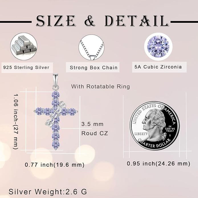 Rotated Crown Cross Necklaces for Women, 925 Sterling Silver Round Cut Zircon Neckalce Pendant With Ring Birthstones Jewelry for Her