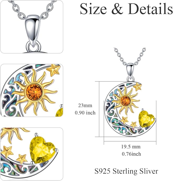 AOBOCO 925 Sterling Silver Sun and Moon Star Pendant Necklace with Simulated Birthstone, Birthday Christmas Jewelry Gift for Women Teen Girls