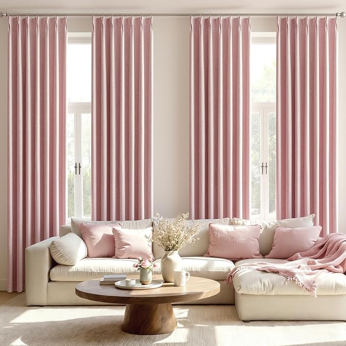 MIULEE Pink Pinch Pleated 100% Blackout Linen Curtains for Bedroom, Room Darkening Memory Trained Light Blocking Window Curtains 96 inches Long for Living Room, Black Out Pleat Drapes, 2 Panels