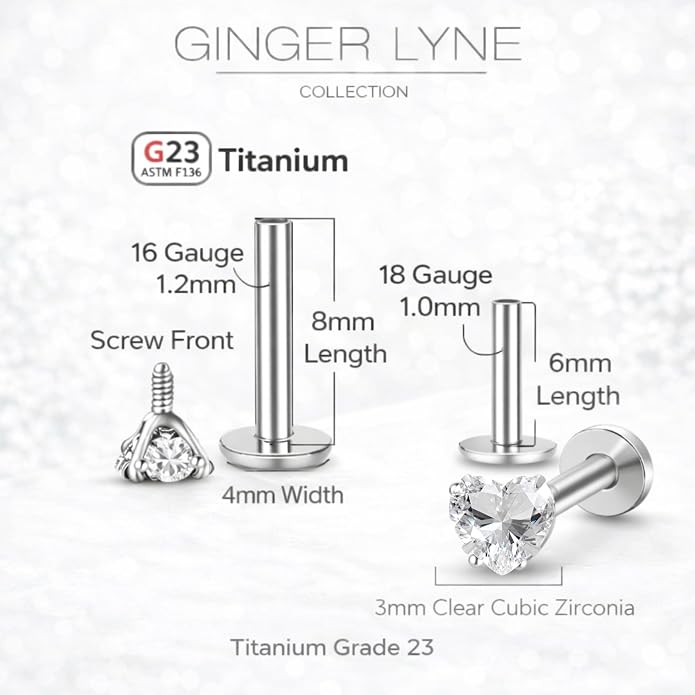 Titanium Heart CZ Labret Stud Earrings for Piercings by Ginger Lyne 6Pc Set G23 Screw Front Flat Back Body Jewelry 2 pair post 6mm, 8mm Cartilage, Helix, Tragus, Lip, Conch, Lobe