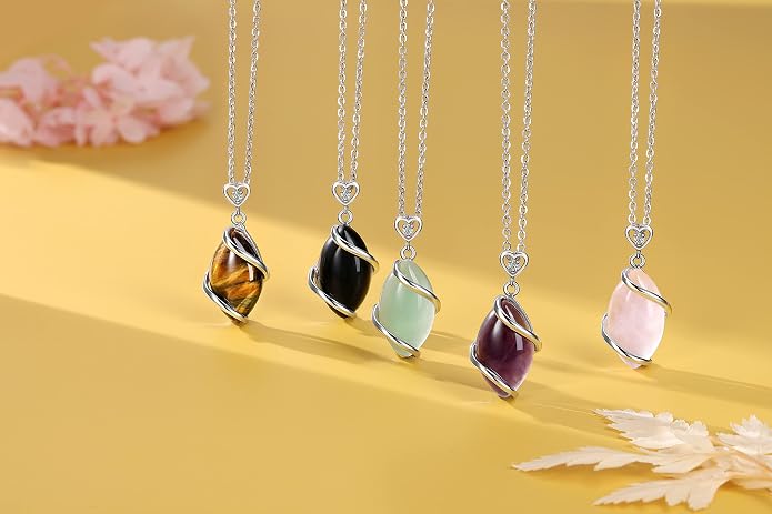 Jovivi Amethyst Rose Quartz Stone Necklace for Women Men, Full Wire Wrapped Natural Gemstone Reiki Healing Crystal Pendant Jewelry