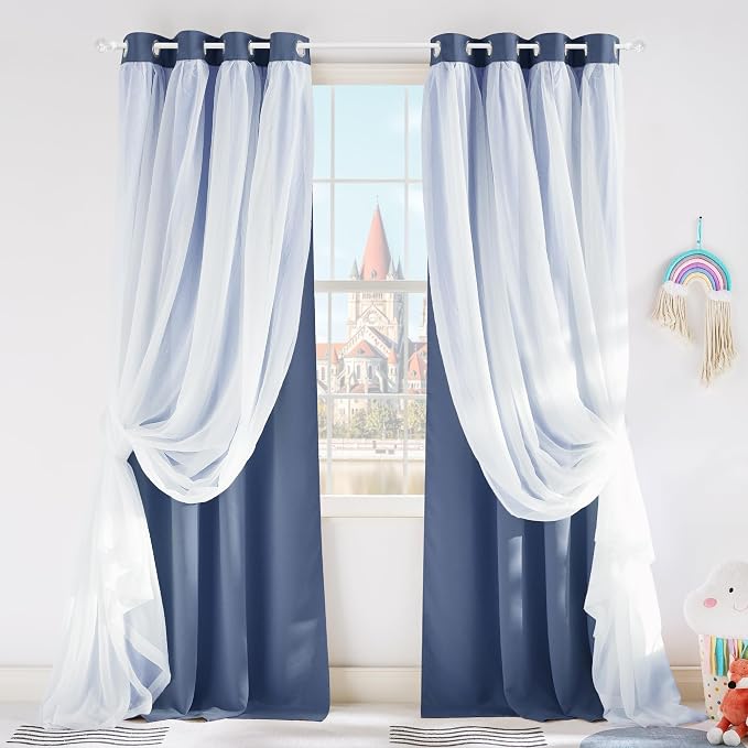 PONY DANCE Blue Haze Blackout Curtains with Sheer Overlay, Thermal Insulated Privacy Mix & Match Double Layer Room Darkneing Curtains for Bedroom, Living Room, 52W X 72L